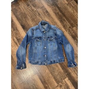 Rock & Republic Trucker Jacket Womens Large Blue Denim Distressed Button Front